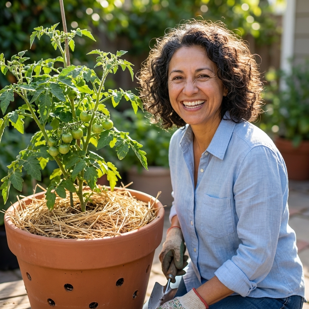 Tomato plant growing in a large container with visible drainage holes and a dry mulch layer on the soil surface