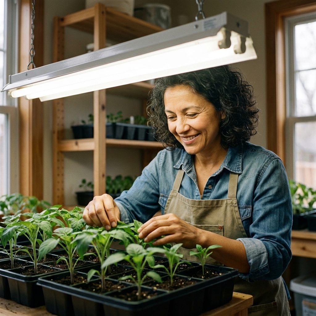 Young vegetable seedlings growing in trays under a bright shop light suspended a few inches above the leaves